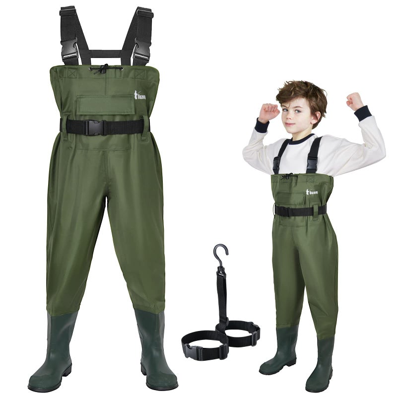 Ouzong Kids Chest Waders for Toddler Children Waterproof Youth Fishing Waders for Boys Girls Neoprene Hunting Waders with Insulated Boots(Green,4-5T) - Image 1